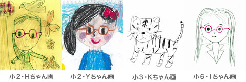 子供たちが描いてくれた講師の似顔絵とネコの絵